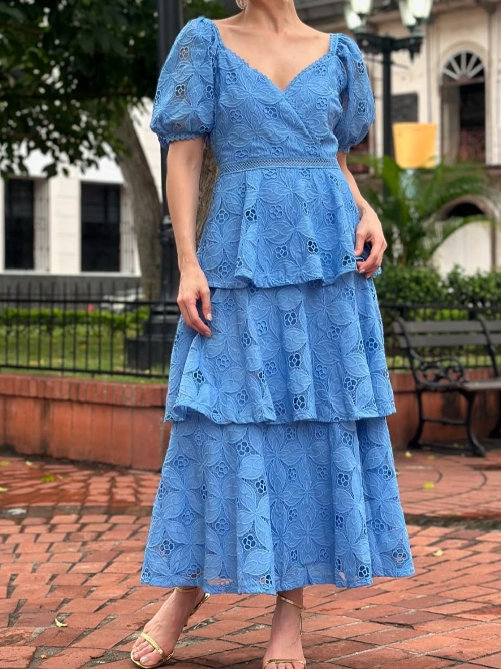 Just Me Blue Lace Tiered Maxi Dress with Puff Sleeves